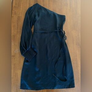 100% Silk One-Shoulder Asymmetrical Black Cocktail Dress Size 6